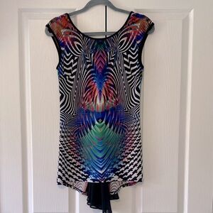 Frank Lyman Multicolor Abstract Sleeveless Top | Sheer Overlay High Low Hem